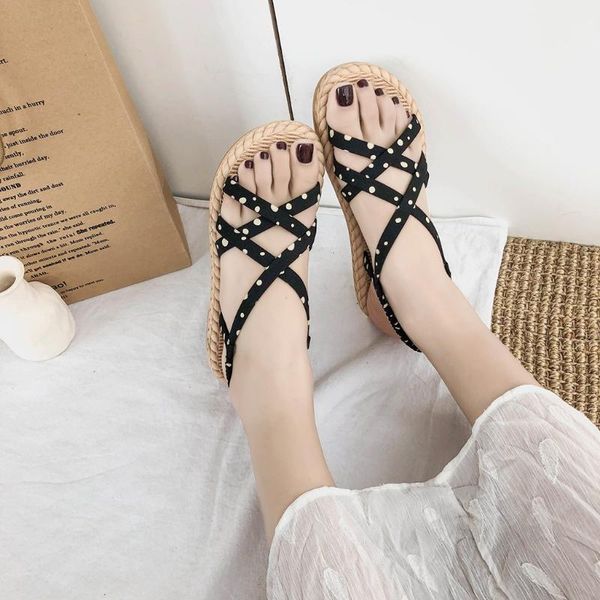 

2019 fashion women's sandals ladyÂ rome retro polka dot open toe flat concise sandals beach shoes summer for women, Black