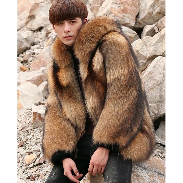 

men's raccoon fur jacket hooded winter coat super warm, Black