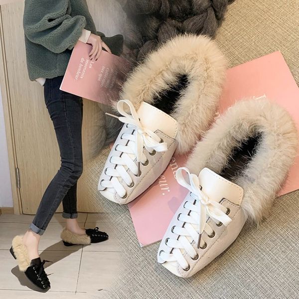 

womens square toe fur furry flats lace up warm mules winter loafers casual moccasins shoes 4colors a1757, Black