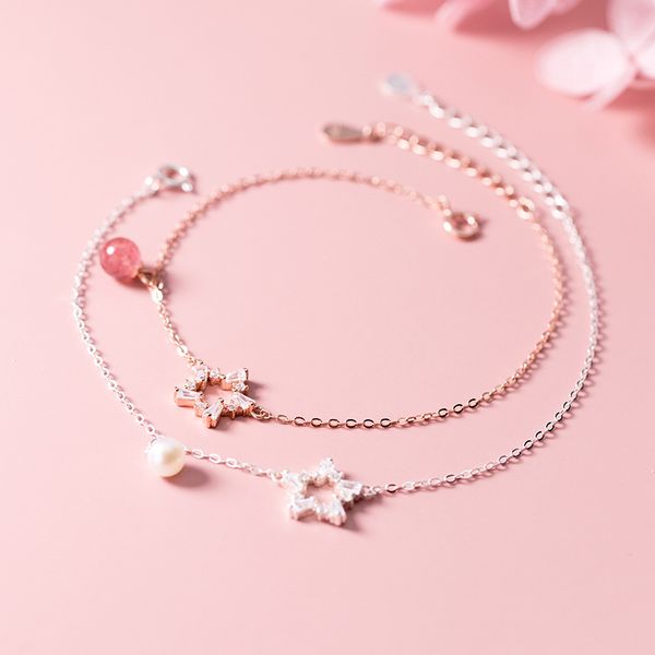 

s925 silver bracelet female korean fashion five-pointed star zircon strawberry crystal pearl sweet bracelet, Golden;silver