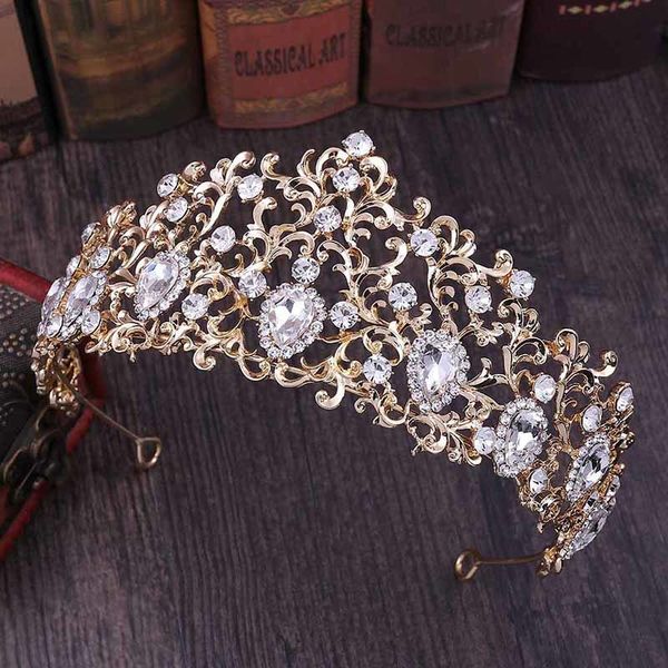 

forseven gold red bridal bride wedding jewelry leaf shape glitter large crystal women princess queen crown tiaras accessories, Golden;white