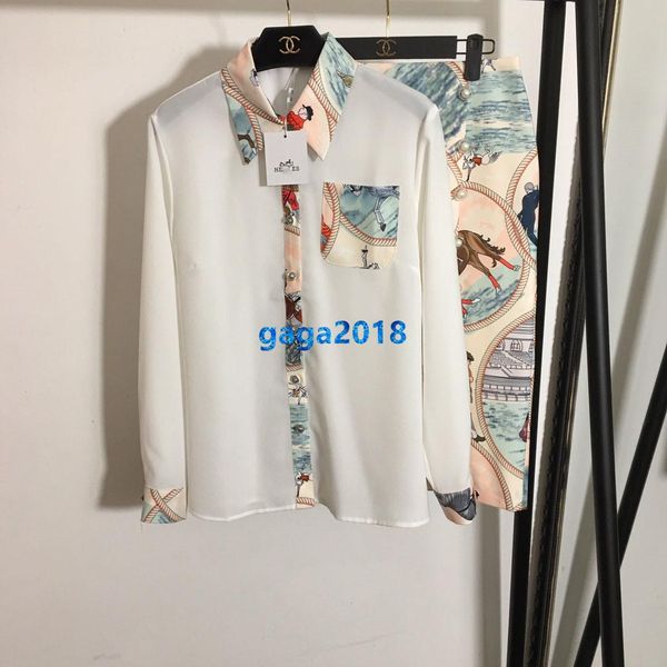 

высокого класса женщин платье девушки комплект рубашка многоцветный лошадь принт жемчуг кнопки с длинным рукавом нагрудные шеи блузка миди b, White