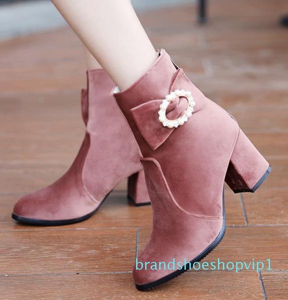 

sweet velvet winter boots chunky heel ankle bootie black pink grey