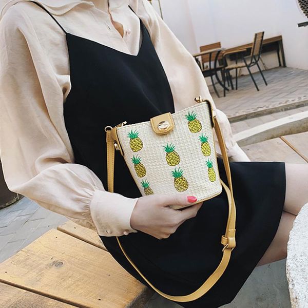 

straw bucket bag cute applique crossbody for women beach bolsos rattan bag pineapple clutch bags wicker sac bolsa feminina