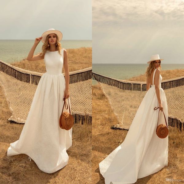 2020 Semplice da sposa in raso abiti gioiello Neck Backless modesto Una linea Abito da sposa Boho Boemia abito da sposa Robes de mariée