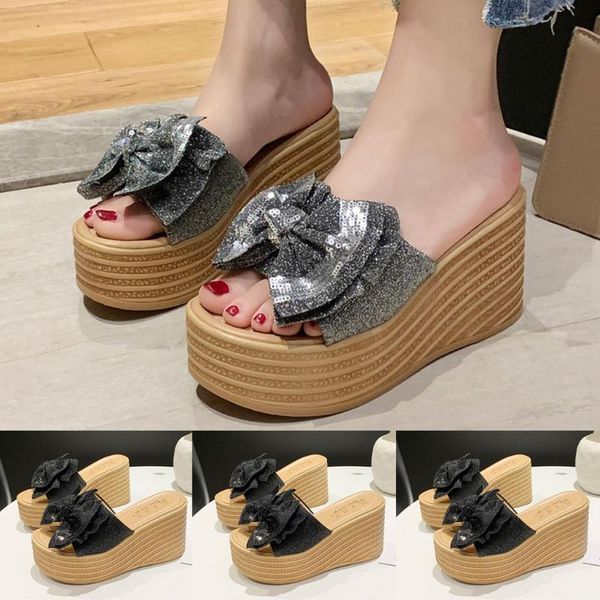 

summer slippers women sequins high heel shoes woman wedges party platform beach slipper bow flip flops sandalias mujer 2020 #c3, Black