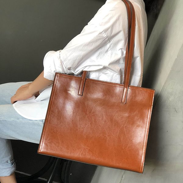 

new simple oil wax leather tote bag leather women bag big retro hand shoulder