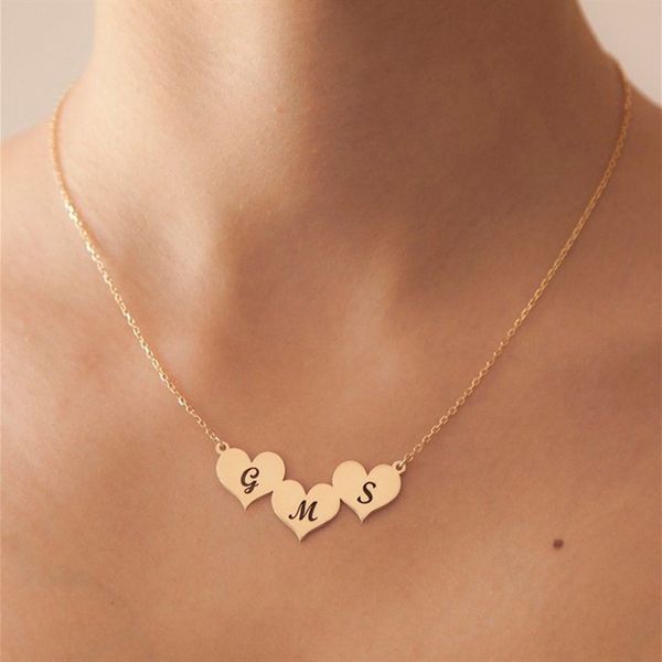 

romantic three heart necklace custom name initials letters pendant necklace stainless steel engraved jewelry gifts, Silver