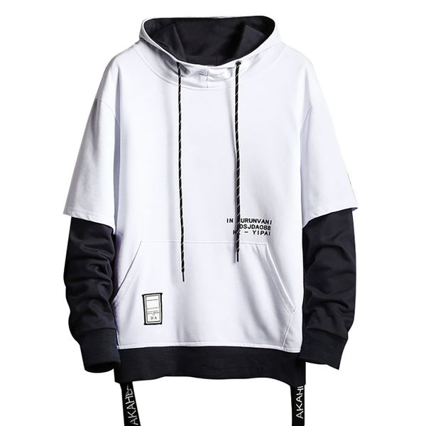 

jaycosin men's blouse fake two-piece hooded sweatshirt man loose stitching blouse male casual patchwork daily sweatshirts, Black