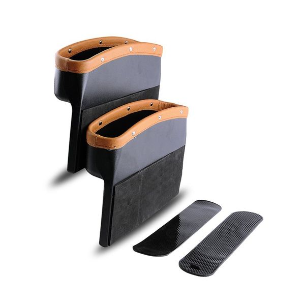 

car seat pockets pu leather car console side organizer seat space filler catch caddy with non-slip mat brown black(2 pack