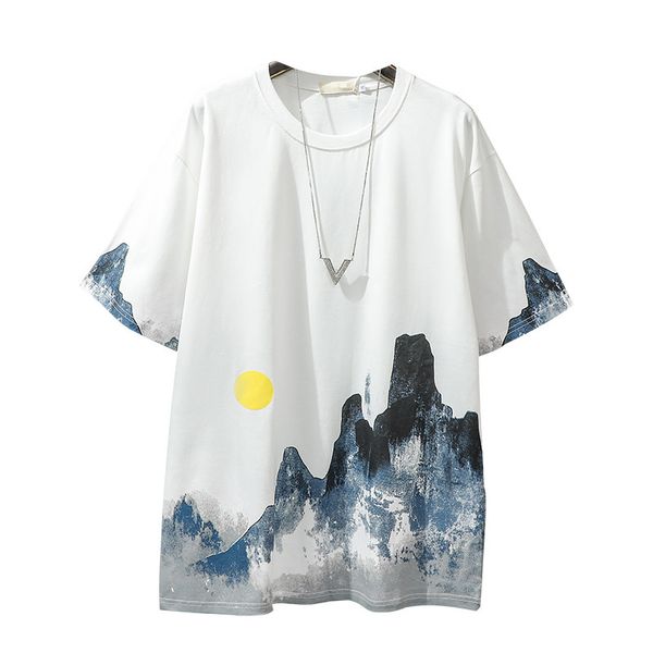 

китай ветер чернила печатные футболки с короткими рукавами мужчины национальный ветер прилив пятый рукав свободные короткие рукава любители, White;black