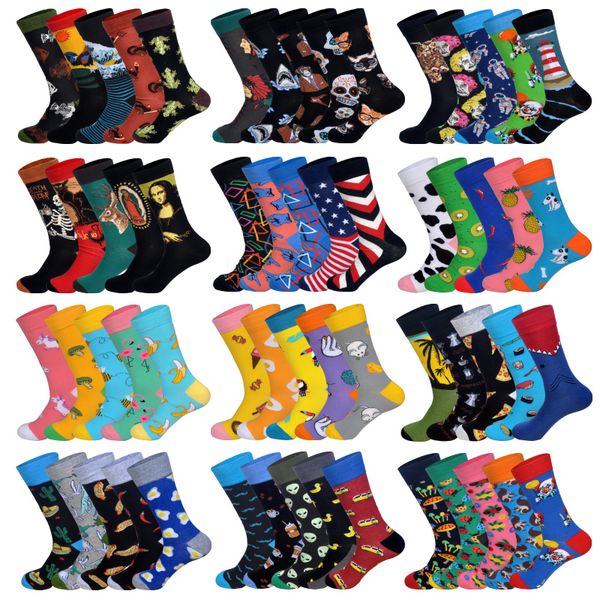 

lionzone 5pairs/lot spring new arrived happy socks men funny art britishstyle streetwear hip hop designer crew socks gift box, Black