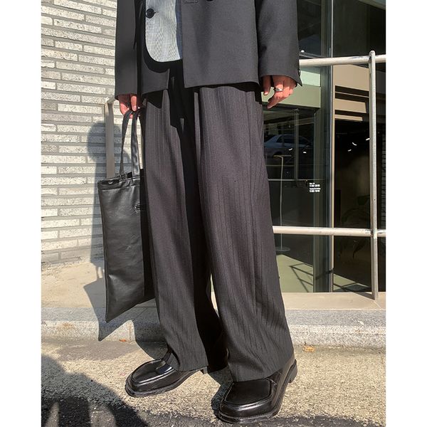 

male loose casual japan streetwear fashion striaght suit pants trouser men vintage stripe wide leg pants, Black