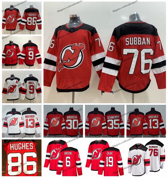 

2019 new jersey devils 86 jack hughes 76 pk subban 9 taylor hall 30 martin brodeur 35 cory schneider 13 nico hischier hockey jerseys, Black;red