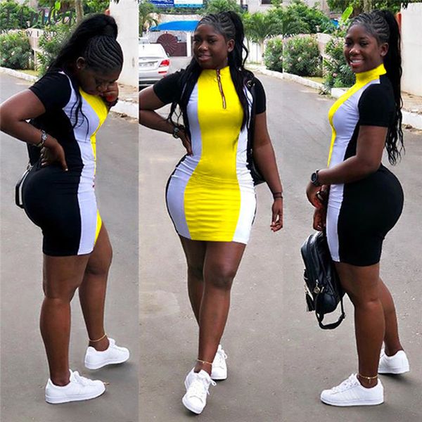

ladies summer women dress casual patchwork mini dress party streetwear front zipper stretch short sleeve slim bodycon dress, Black;gray