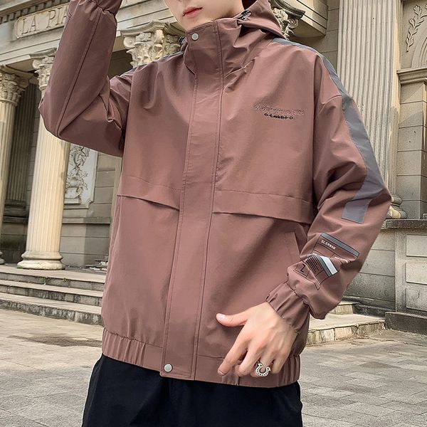 

men's stand collar hooded autumn workwear jacket masculine streetwear swag oversize black sports biker bomber jacket windbreaker, Black;brown
