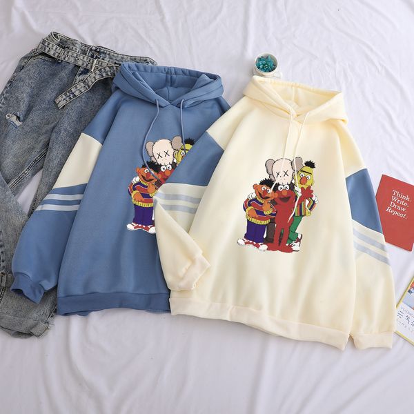 

fashion funny sesame street print sweatshirt hoodies women hip hop casual cotton hooded streetwear patchwork for female clothes, Black