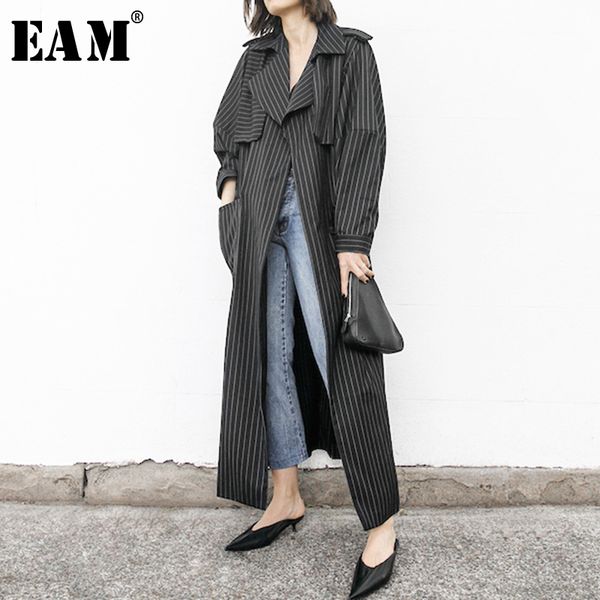 

eam] 2019 new spring autumn lapel long sleeve striped pockets spliced big size long windbreaker women trench fashion jy013, Tan;black