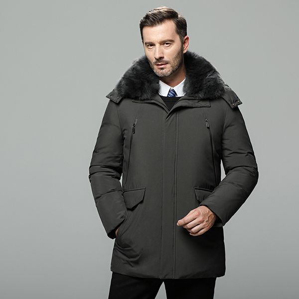 

medium long down coat men fur collar thick men's winter jacket brand 90% white duck down jacket men doudoune homme plus size 5xl, Black
