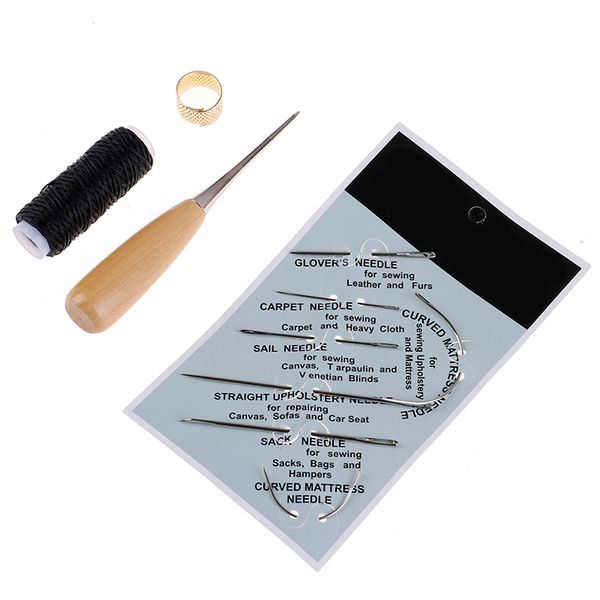 

1set leather sewing needles stitching awl needle thread thimble shoe repair tool, Black