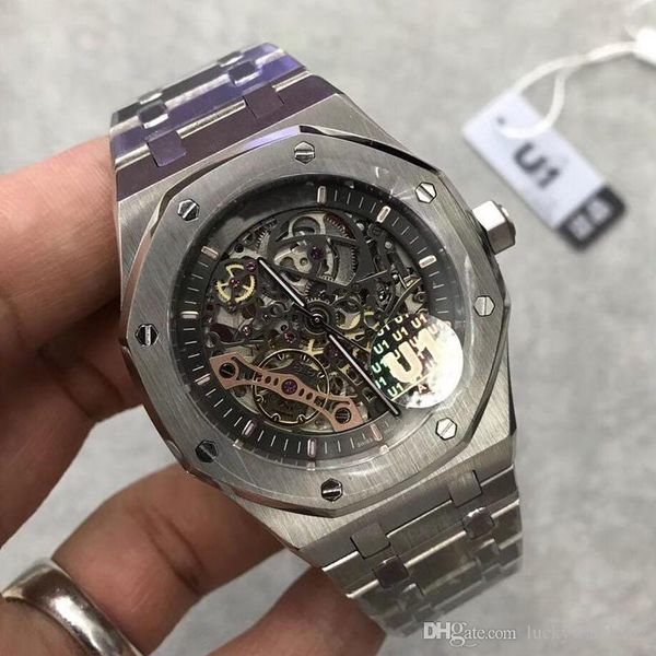 

mens watch sapphire glass 15407st.oo.1220st.01 series 41mm skeleton dial automatic movement solid stainless strap wrist watch, Slivery;brown