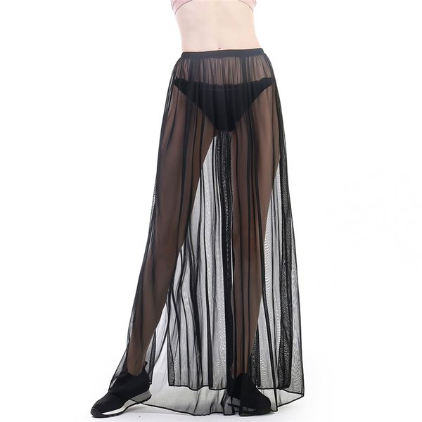 

ladies mesh high waist skirt see through sheer side split skirt solid color transparent chiffon maxi long summer, Black