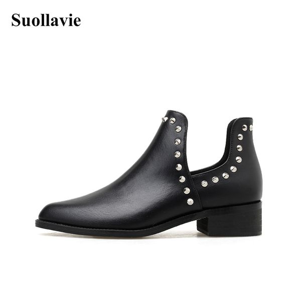 

2020 spring latest women rivet boot female footwear soft leather low heels studded flat ankle boots cowboy gothic shoes, Black
