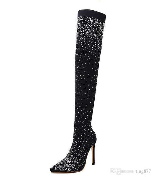 

fashion sell new trendy sell cross-european rhinestone high-heeled women's boots stretch cloth over-the-knee boots, Black