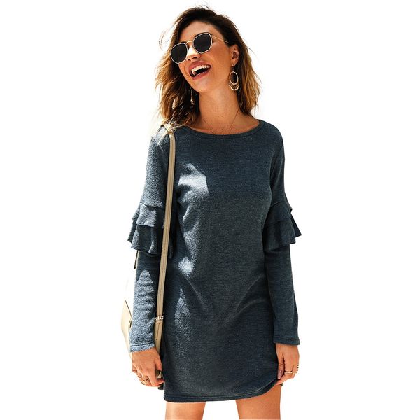 

original design women's european leg of the new cross-border knitted sweater dress 2019 autumn and winter long-sleeved round neck dress, Black;gray