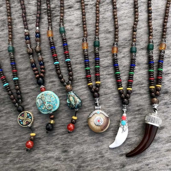 

mcllroy handmade nepal necklace for women men mala wood beads pendant & necklace ethnic horn fish long statement jewelry 2019, Silver