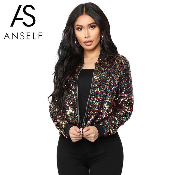 

женщины bomber jacket красочные sequined блестками куртка bling bling с длинным рукавом на молнии охладить street club wear пальто женский o, Black;brown