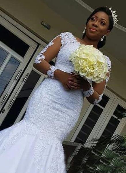 

vintage lace mermaid wedding dresses 2019 new design applique court train illusion long sleeve african bridal gowns vestido de novia w857, White