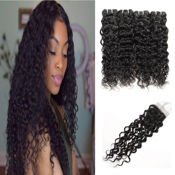 

brazilian water wave human hair bundles with closure peruvian wet and wavy hair 4 bundles indian body wave deep loose hair extensions, Black