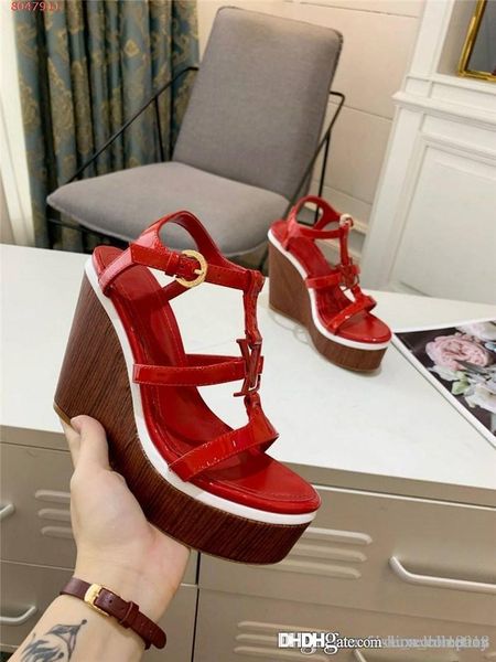 

2020 spring & summer ladies wedge leather sandals t-shaped open-toe heels with metal lettering,heel-height 10 cm with box, Black