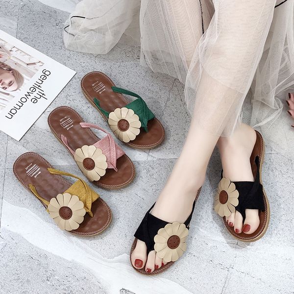 

носок сандалии 2020 летние цветочные тапочки повседневная плоская нижняя однословная внешняя женская обувь, Black