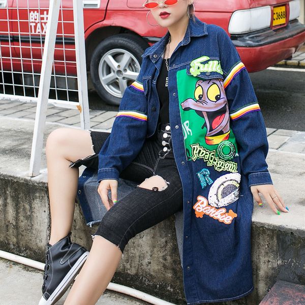 

autumn women's 2019 autumn and winter cartoon pattern stitching long-sleeved loose large size denim windbreaker jacket, Black;white
