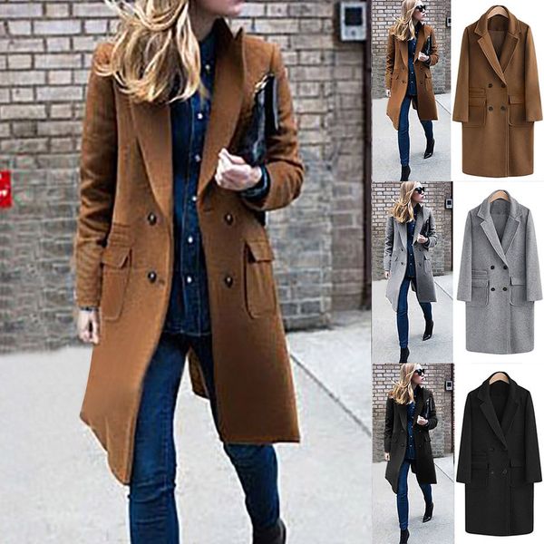 

lady warm solid color wool lapel long jacket trench coat outwear winter overcoat women fashion silm casual winter autumn coat, Tan;black