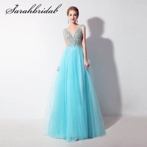 

sky blue длинные платья пром sexy backless тюль с вышивкой бисером ручной работы crystals партии вечерние платья длина пола lx066, White;black