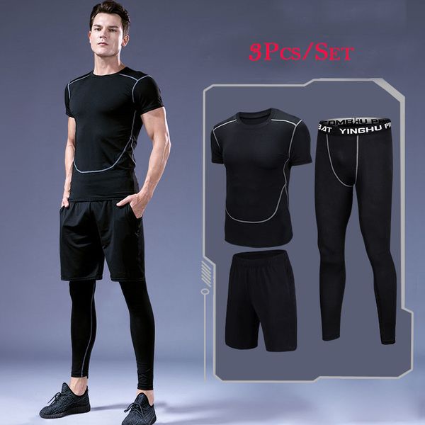 

3pcs gym running jogging sets mens short sleeve fitness workout trainning suits breathable sports tracksuit plus size, Black;blue