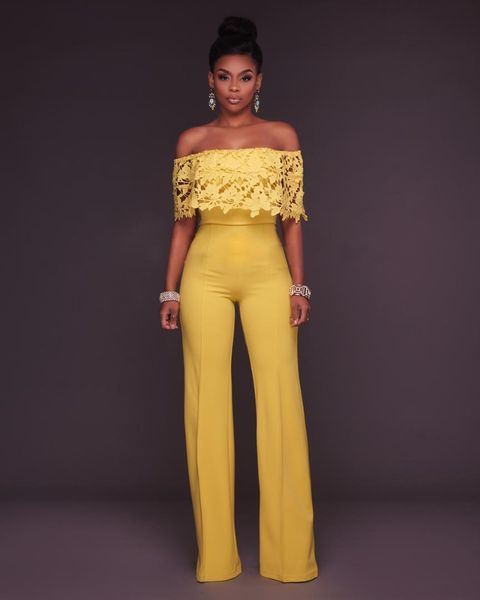 

yellow jumpsuit lace playsuit off shoulder summer rompers womens jumpsuit trousers party office ladies overalls mono mujer, Black;white