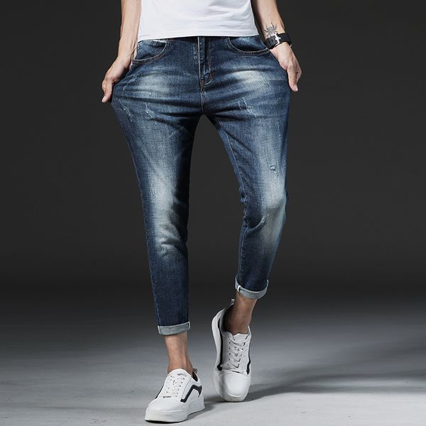 

2019 new cargo jeans korean version denim pants men slim men's small feet stretch trend nine pants men skinny jeans, Blue