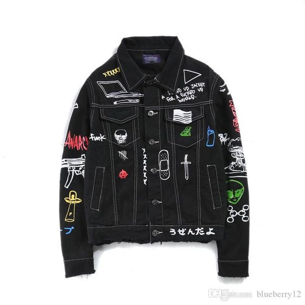 

mens denim jacket long sleeve mens hip hop graffiti printed fashion streetwear color black asian size m-2xl, Black;brown