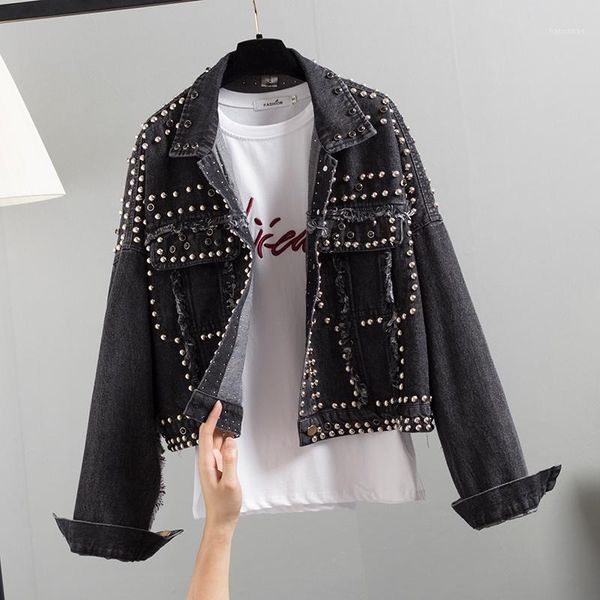 

2019 designer runway punk boyfriend beading denim jacket women casual jean coat loose outwear vintage female jeans jackets femme1, Black;brown