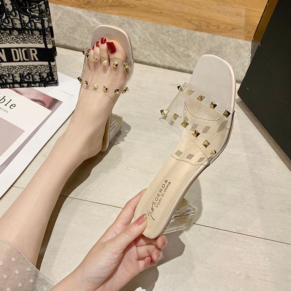 

high-heeled slippers women wear-resistant 2020 new summer fashion wild transparent rivets word drag square heel sandals, Black
