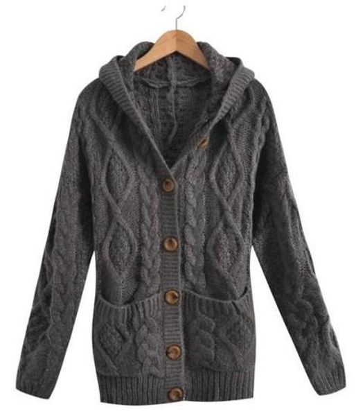 

2018 fashion loose sweater women's long sleeve winter warm sweater knit cardigan pocket twist straight hooded knit women's cardiga, White;black