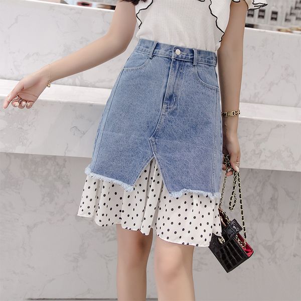 

fashion casual wave point chiffon a-line skirt ladies summer women jeans skirts korea high waist was package hip denim skirt, Black