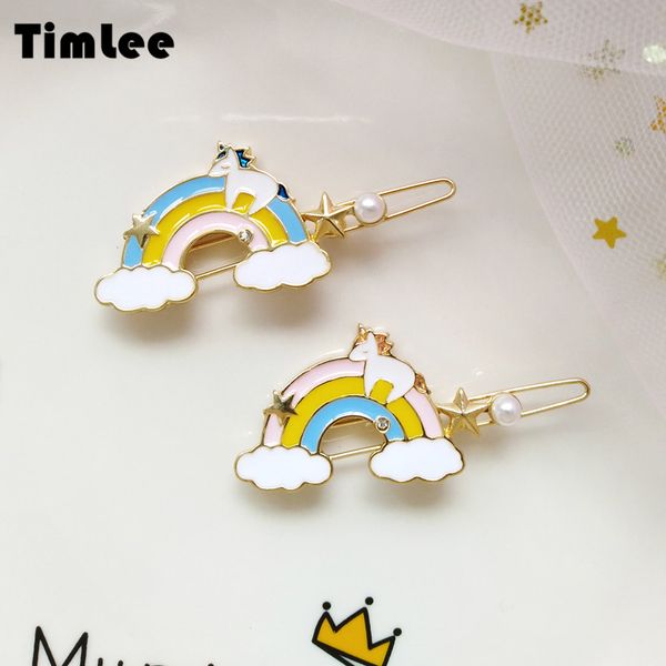 

timlee h078 sweet cute unicorn stars rainbow cloud imitation pearl hair clips temperamental hair accessories wholesale, Golden;white