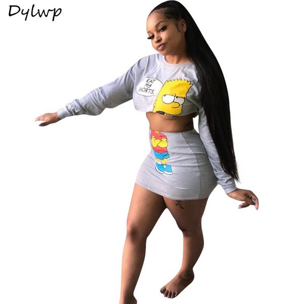 

two piece set women cartoon print crop and mini skirts fashion spring summer lady full sleeve mini bodycon skirts set, White
