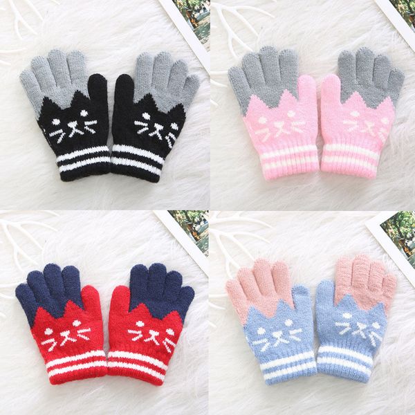 

boys girl children warm knitted gloves winter thick full mitten finger protector, White
