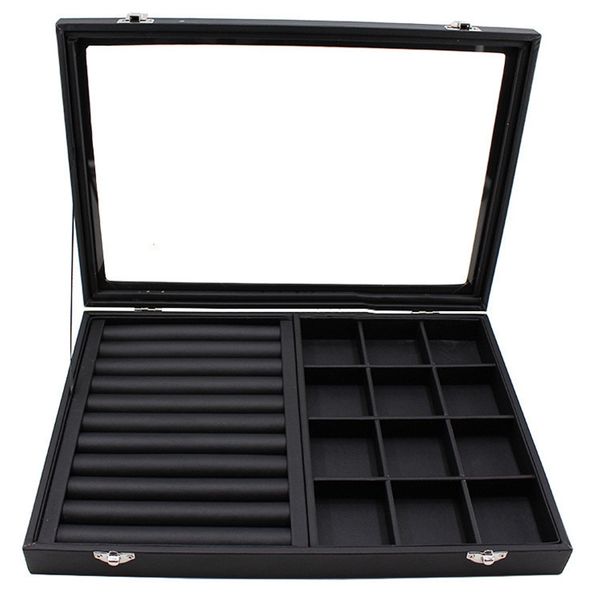 

big pu black carrying case with glass cover jewelry ring display box tray holder storage box organizer earrings ring bracelet bo, Pink;blue